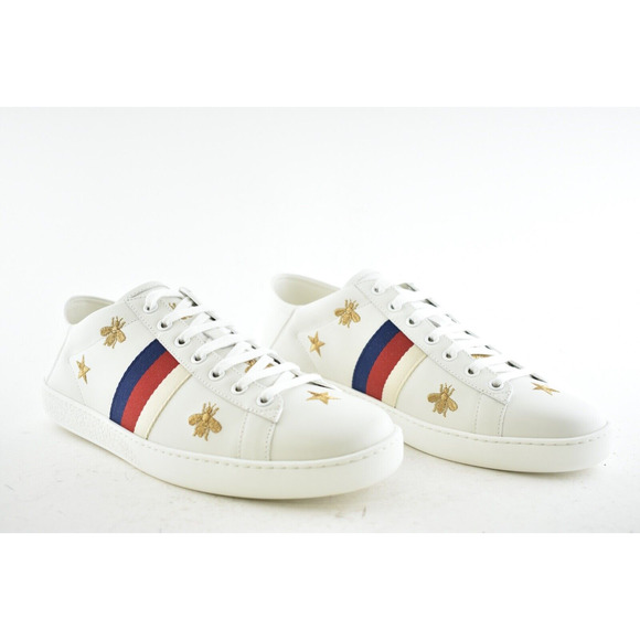Gucci New Ace White Star Bee Gold GG Logo Flat Low Top Lace Up Tie Sneaker 42 - Picture 4 of 12